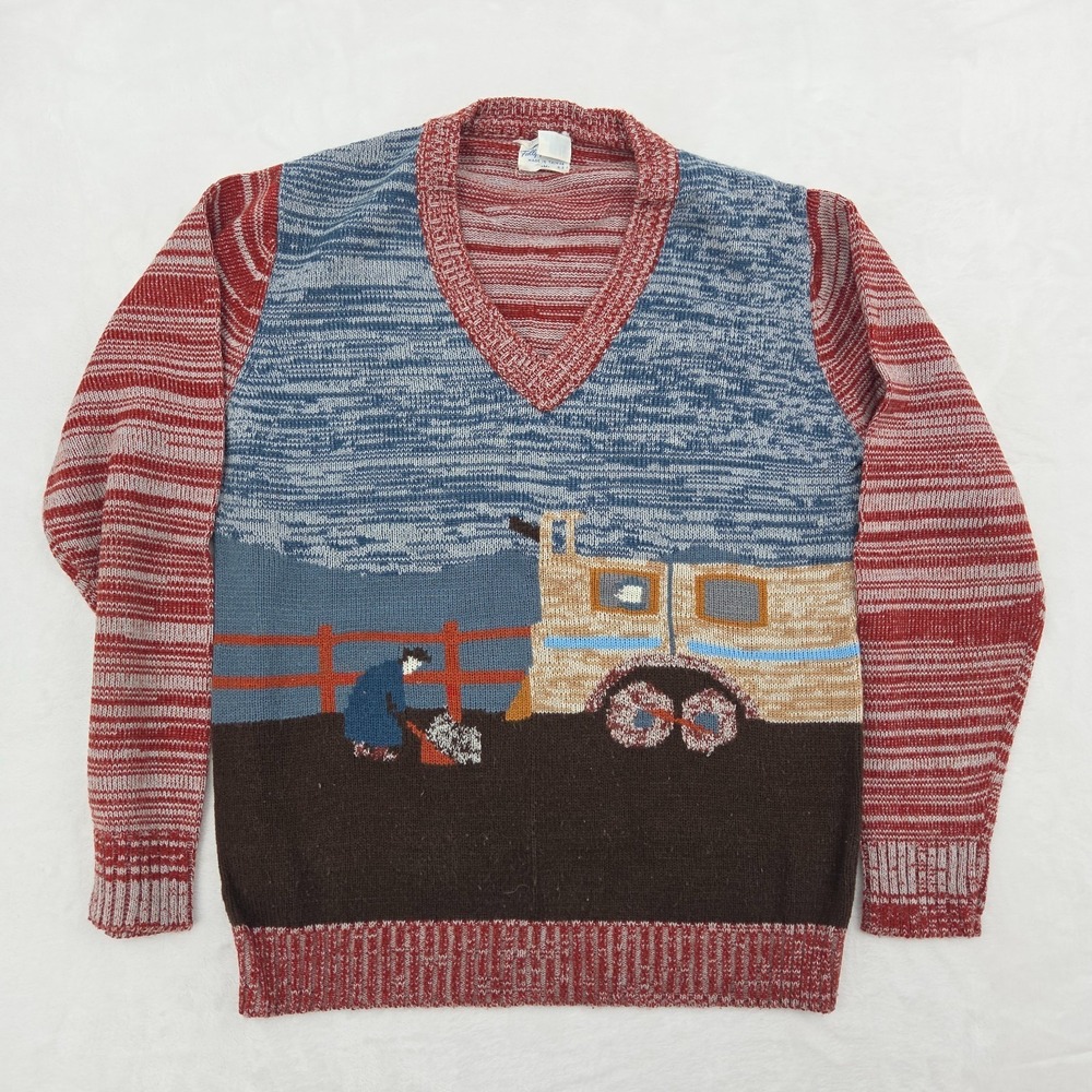VTG 70s Alexander's 100% Acrylic Train Space Dye Knit Sweater Sz Medium